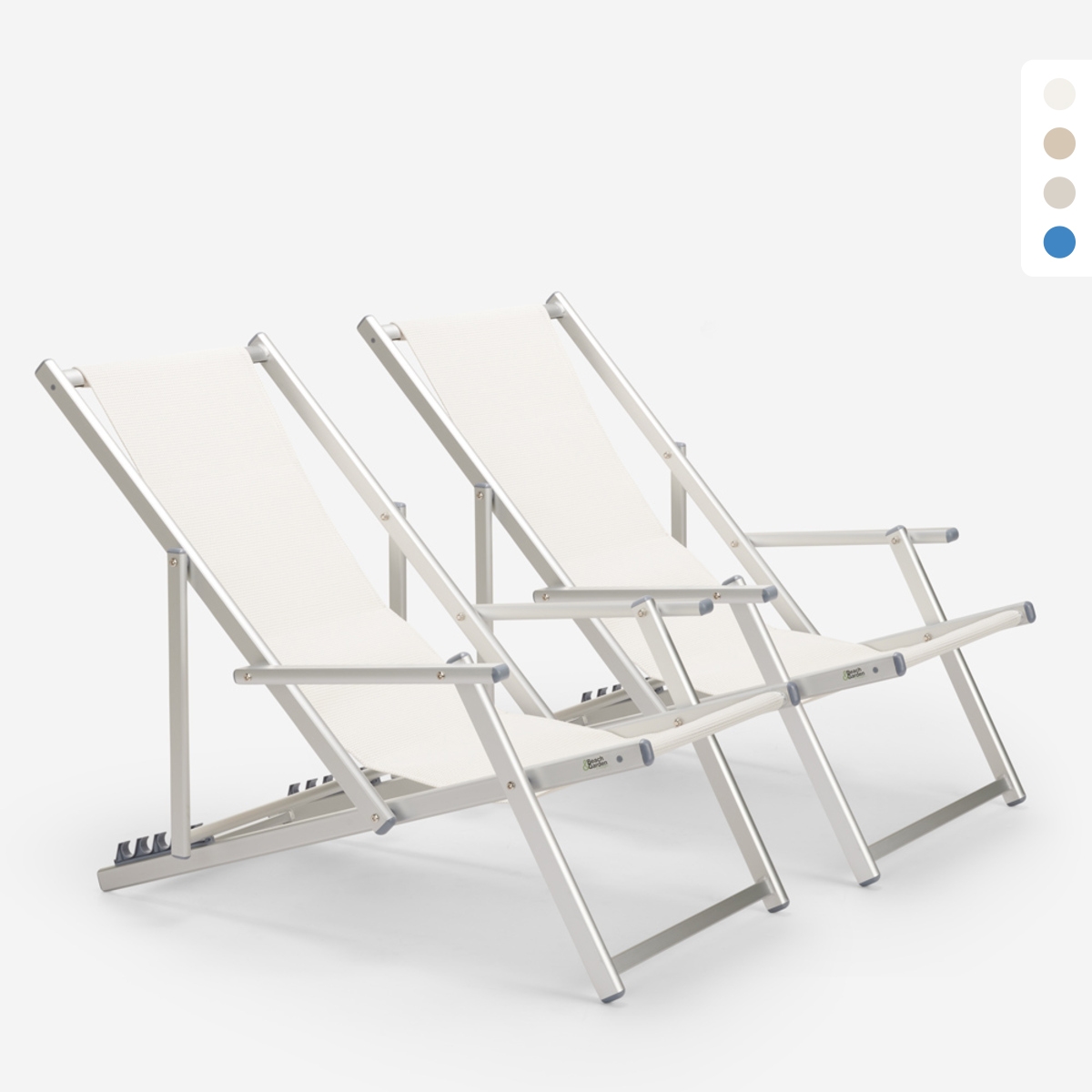 2 däckstolar solstolar hav strand armstöd aluminium hopfällbara Riccione Gold Lux Katalog
