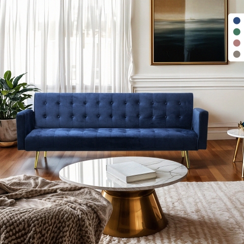 Modern 3-sits bäddsoffa i sammet med guldfärgade ben Caullae Kampanj