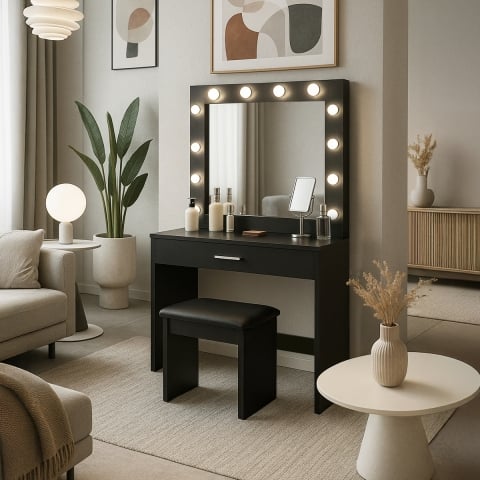 Svart sminkbord med LED -lampor spegel pall Gaia Black Kampanj