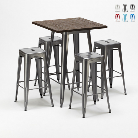 Set högt bord och 4 metall pallar Tolix stil industriellt Williamsburg Kampanj