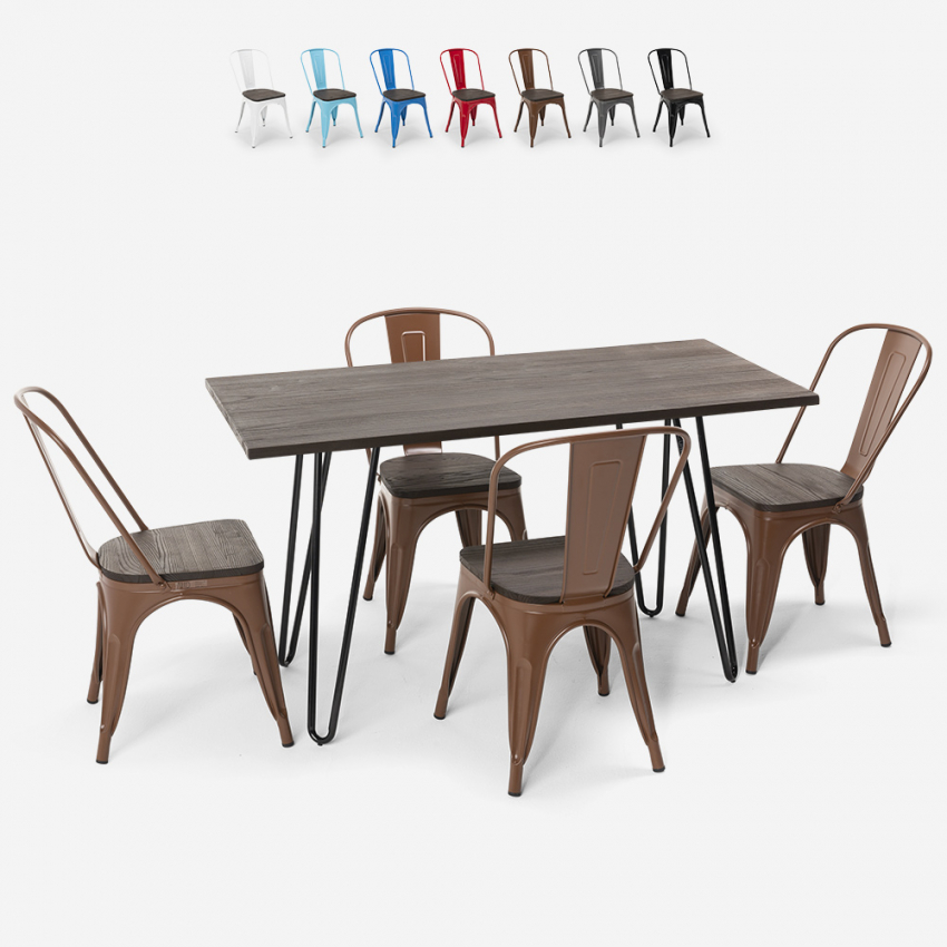 set rektangulärt bord 120 x 60 med 4 stolar trä och stål i industriell design roger Erbjudande