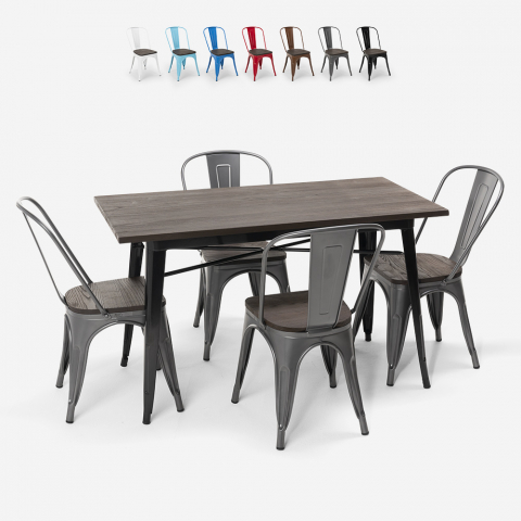set rektangulärt bord 120 x 60 med 4 stolar trä och stål i industriell design ralph Kampanj