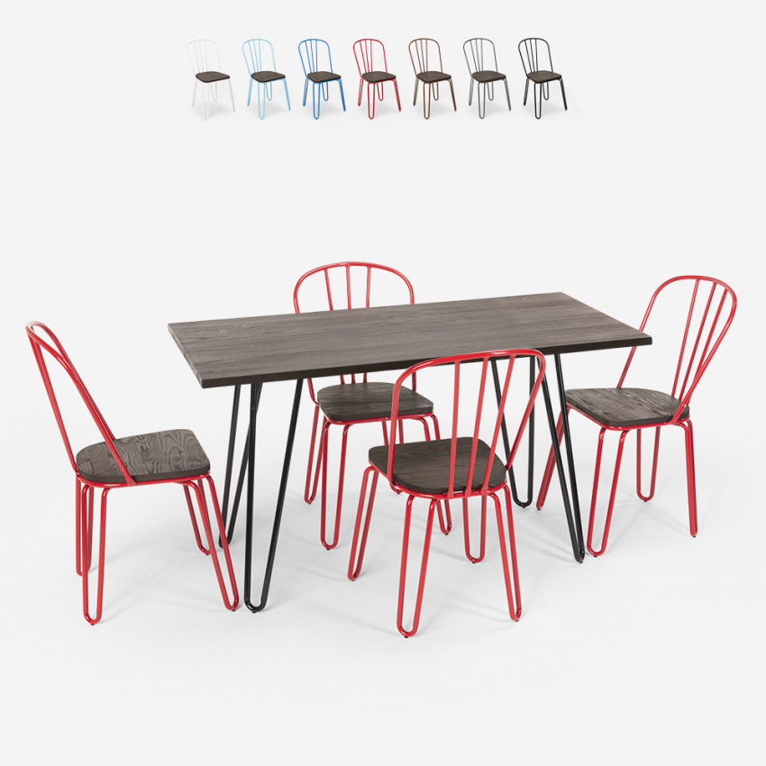 set rektangulärt bord 120 x 60 med 4 stolar trä och stål i industriell design magis Försäljning