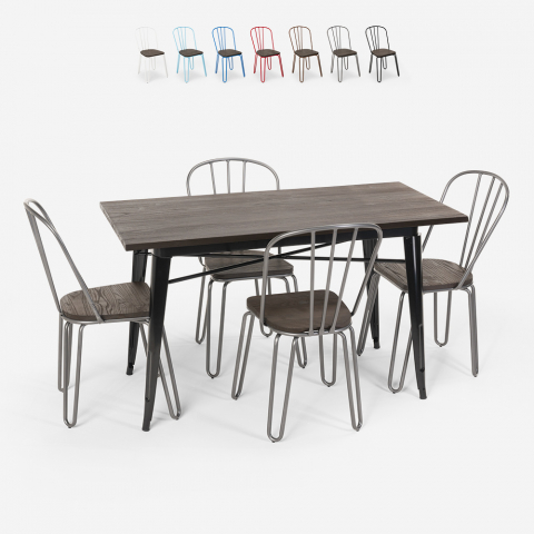 Set Rektangulärt Bord 120 x 60 med 4 Stolar Stål Trä Industriell Design Tolix Otis Kampanj