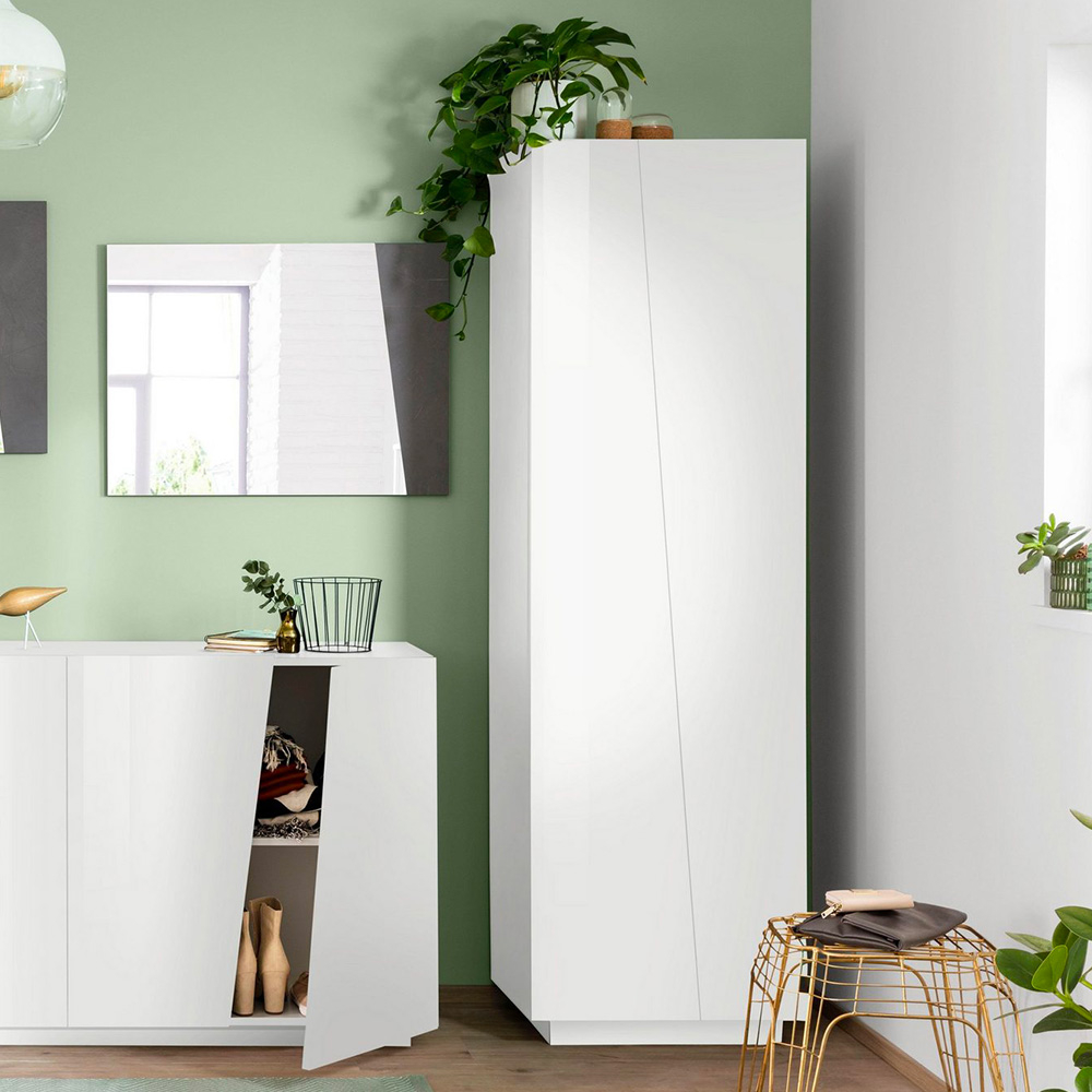 Garderob multifunktionell modern design glansig vit 2 dörrar 6 fack Vega Space