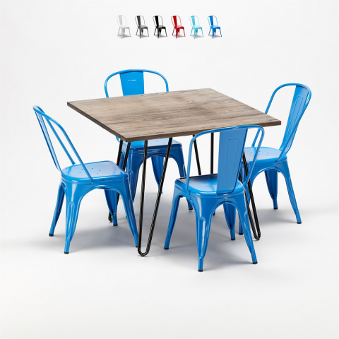 set kvadratiskt bord i trä och stolar i metall design Lix industriell bay ridge Kampanj