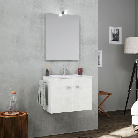 Vägghängande badrumsmöbel 2 dörrar spegel LED-lampa keramiskt tvättställ handdukshållare Vanern