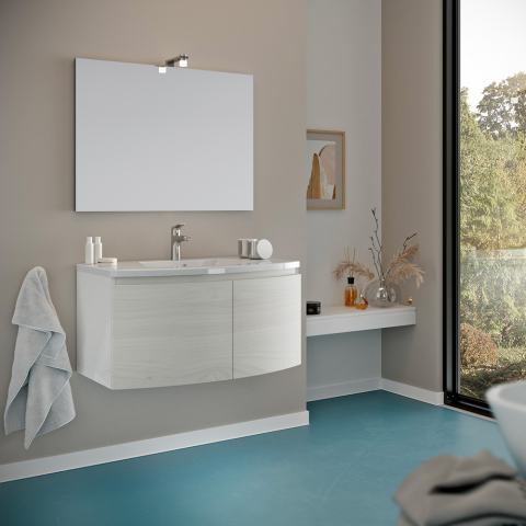 Vägghängande badrumsmöbel 2 dörrar keramiskt tvättställ spegel med LED-lampa Siljan Wood