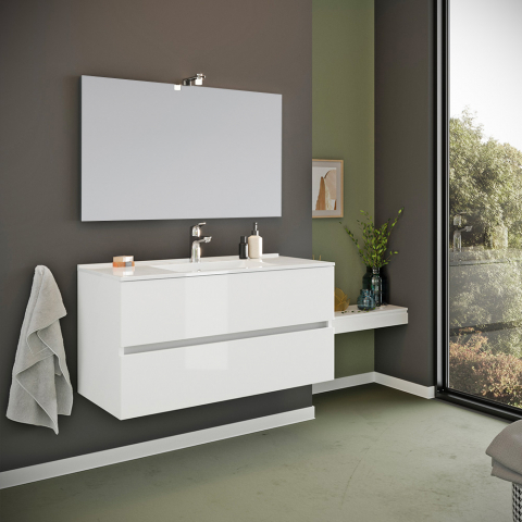 Vägghängande badrumsmöbel 2 lådor keramiskt tvättställ spegel LED-lampa Storsjon
