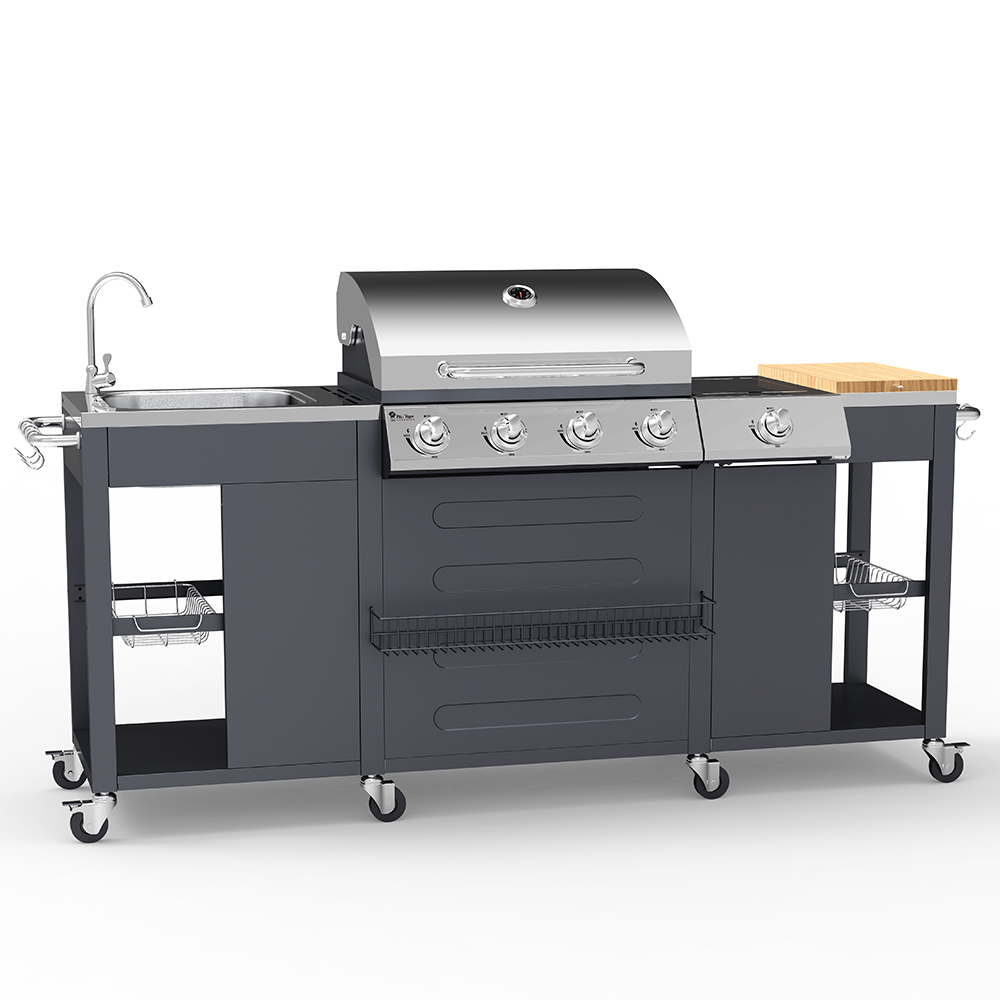 Gasolgrill BBQ rostfritt stål 4 + 1 brännare diskbänk hyllor Tartara De