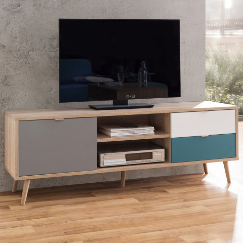 Tv-bänk med 2 lådor dörr öppet fack i trä skandinavisk design Glabas