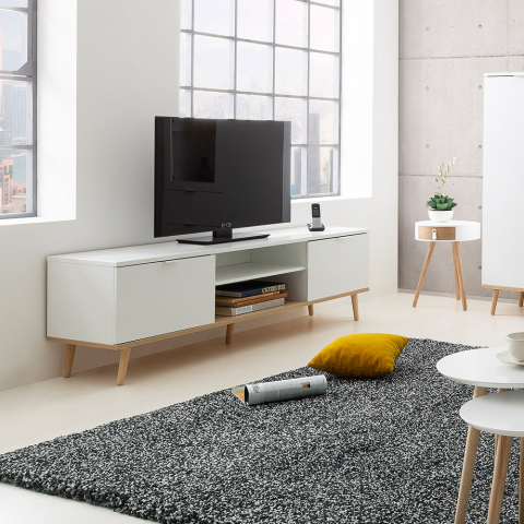 Vit TV-bänk skandinavisk design med 2 dörrar öppet fack i trä Ekraan