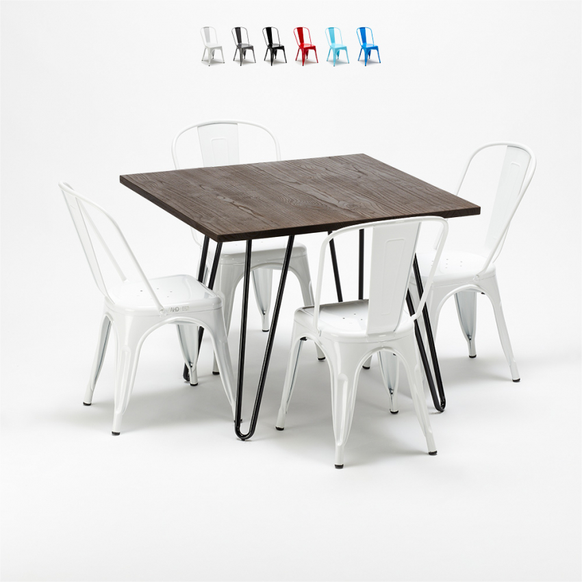 set kvadratiskt bord och 4 stolar i metall och trä industriell-stil pigalle Bestånd set kvadratiskt bord och 4 stolar i metall och trä industriell-stil pigalle Bestånd
