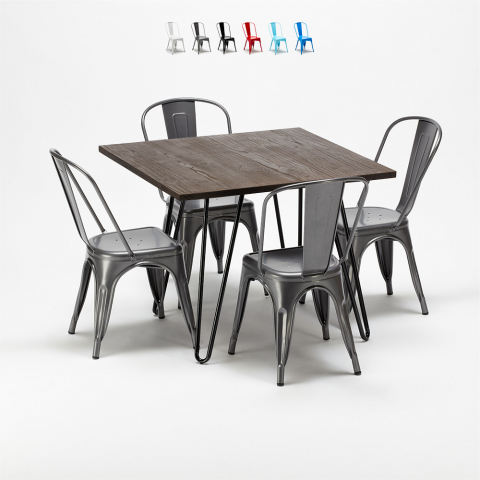 set kvadratiskt bord och 4 stolar i metall och trä industriell-stil pigalle Kampanj