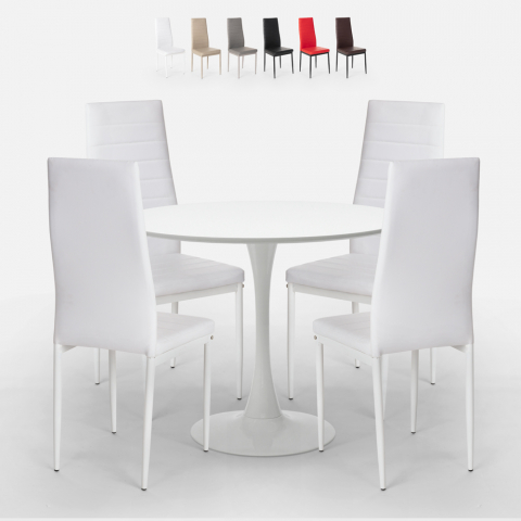 Set vitt runt bord Tulip design 80cm 4 moderna stolar konstläder Vogue