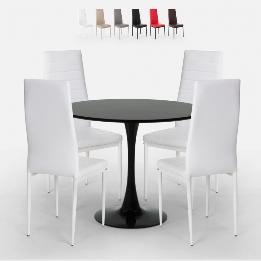 set runt svart bord 80 cm design Tulipan 4 moderna stolar i konstläder vogue black Rabatter