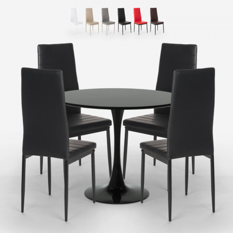 Set runt svart bord 80 cm design Tulip 4 moderna stolar i konstläder Vogue Black