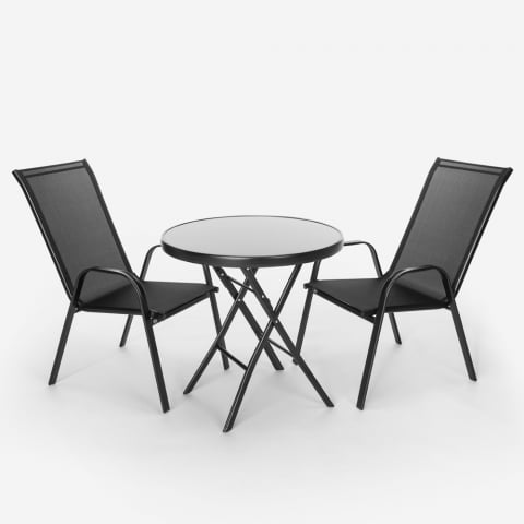 Trädgårdsset 2 moderna stolar 1 runt hopfällbart bord utomhus Kumis Kampanj