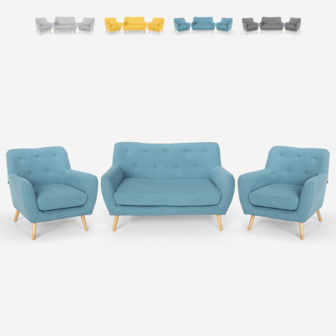 Set 2-sits soffa och 2 fåtöljer skandinavisk design trä tyg vardagsrum Cleis
