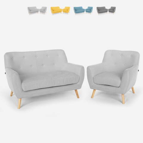 Set fåtölj och 2 -sits soffa skandinavisk design trä och tyg vardagsrum Algot Kampanj