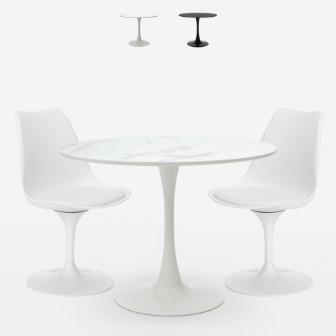 Set runt bord 80 cm Tulpanstil marmor effekt 2 moderna stolar Rich
