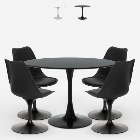 Set runt bord 120cm marmoreffekt 4 stolar tulpan design modern skandinavisk stil Paix
