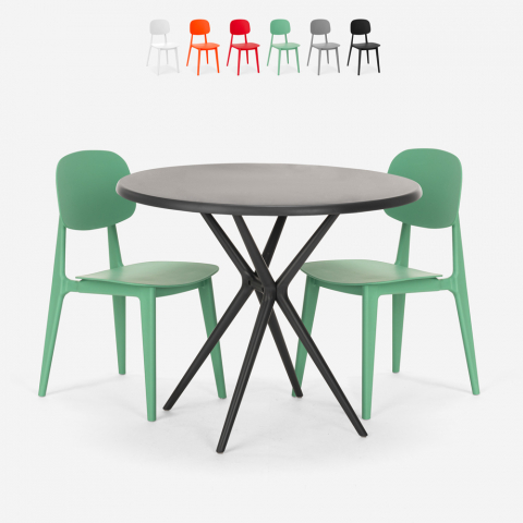 Set runt svart bord 80cm 2 stolar design Berel Black