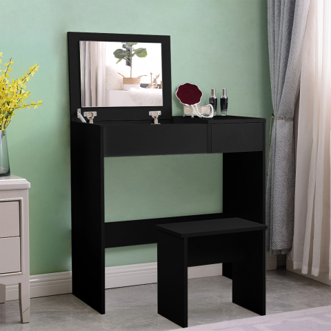 Sminkstation toalettbord platsbesparande behållare spegel pall svart färg Nicole Black