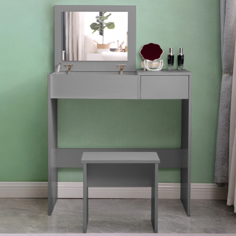 Sminkstation toalettbord platsbesparande behållare spegel pall grå färg Nicole Grey Kampanj