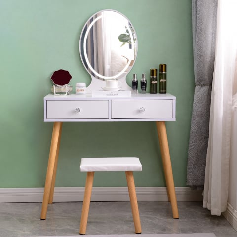 Sminkstation skandinavisk design spegel LED lådor pall Serena