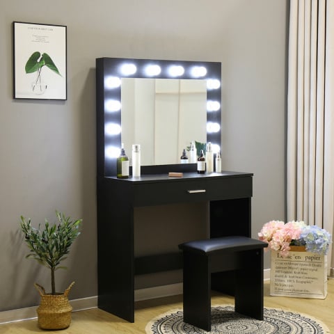 Svart sminkstation med LED -lampor spegelpall Gaia Black
