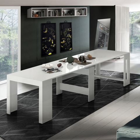 Utdragbart glänsande vitt matbord 90-300x51cm design konsolbord Pratika White