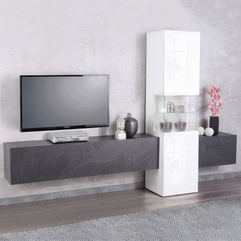 Väggmonterade TV-möbel vardagsrum antracit vitt vitrinskåp Incontro