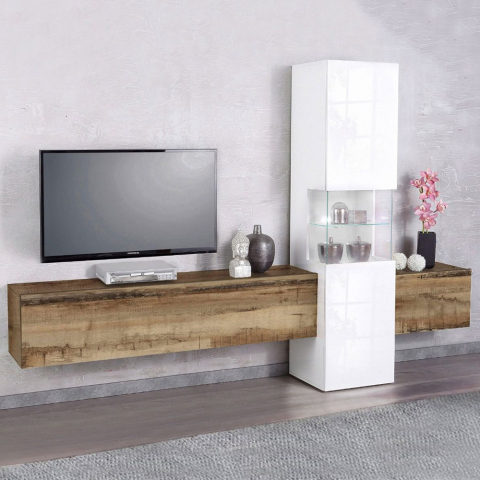 Väggmonterade TV-möbel vardagsrum trä vitt vitrinskåp Incontro Light