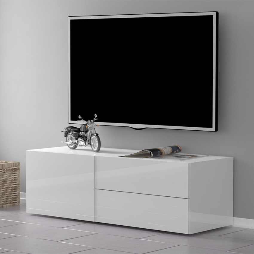 Design vardagsrum TV-skåp med 2 lådor 110cm blank vit Metis Kampanj