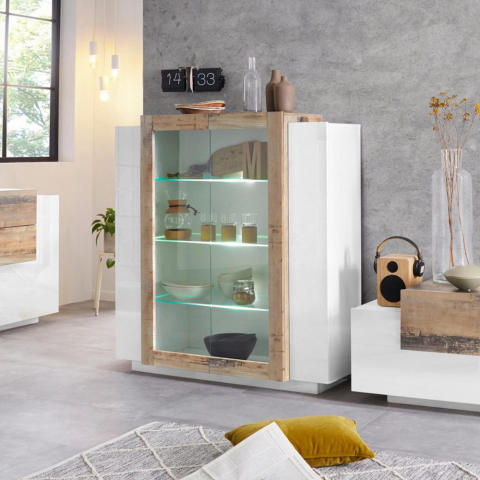 Vitrinskåp glansigt vitt och trä modern design för vardagsrum salong New Coro Hem Kampanj