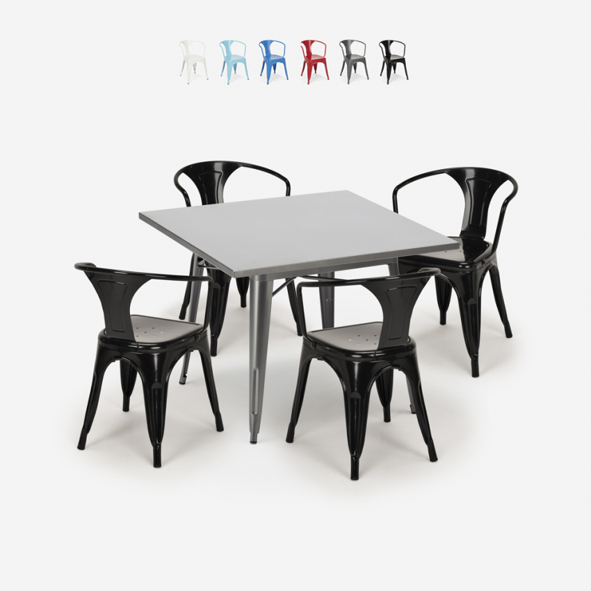 industriellt set köksbord i stål 80x80cm 4 stolar century Katalog