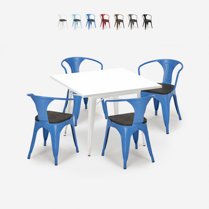 set industriellt vitt bord 80x80cm 4 trästolar century wood white Rea