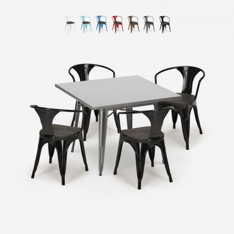 Industriellt set köksbord i stål 80x80cm 4 tolix stolar Century Wood Kampanj