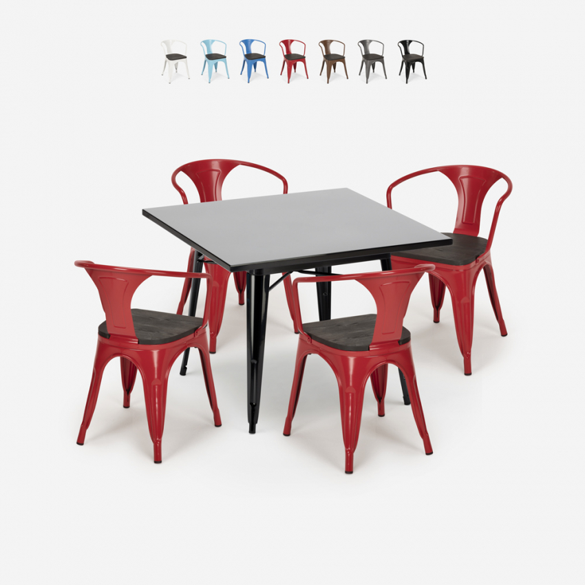 industriellt set svart bord 80x80cm 4 stolar century wood black Bestånd