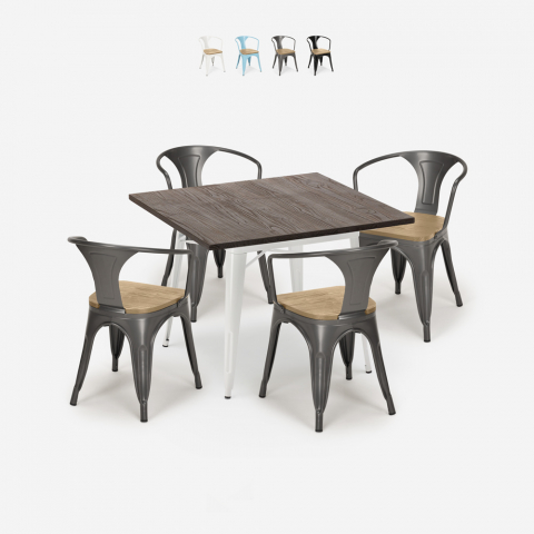 Industriellt köksbord set 80x80cm 4 stolar i tolix stil i trä Hustle White Top Light Kampanj