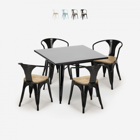 industriellt set köksbord i stål 80x80cm 4 Lix stolar century black top light Kampanj