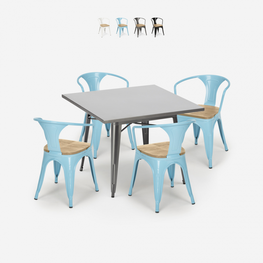 industriellt set köksbord i stål 80x80cm 4 stolar century top light Försäljning