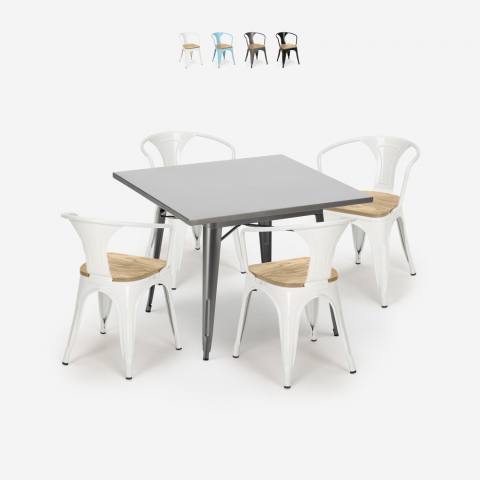 Industriellt set köksbord i stål 80x80cm 4 tolix stolar Century Top Light Kampanj
