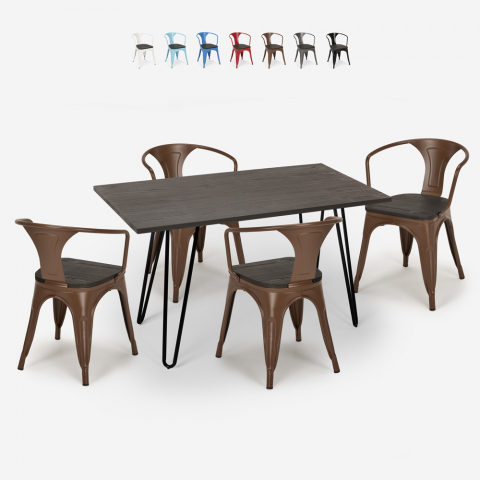 Set bord 120x60cm 4 tolix trä stolar industriell stil matsal Wismar Wood