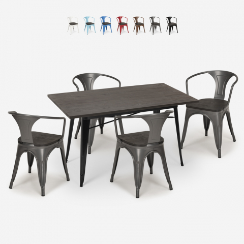 set 4 stolar rektangulärt träbord 120x60cm industriell matsal caster wood Kampanj