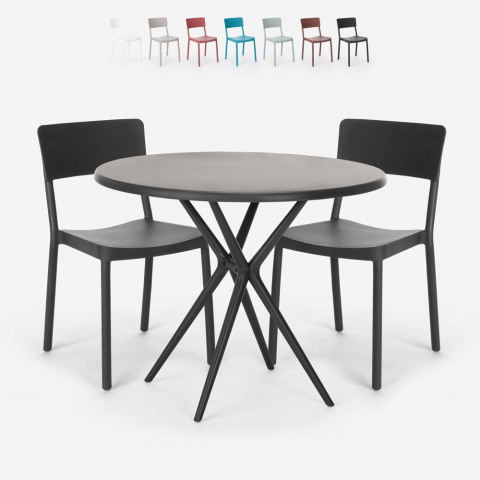 Set runt svart bord 80cm 2 stolar modern design Aminos Dark