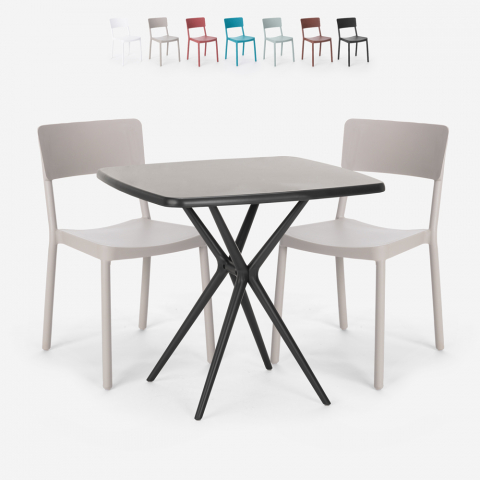 Set kvadratiskt svart bord 70x70cm 2 stolar utomhus design Regas Dark