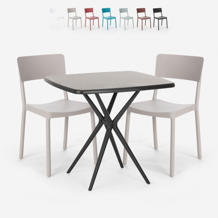 Set kvadratiskt svart bord 70x70cm 2 stolar utomhus design Regas Dark Kampanj