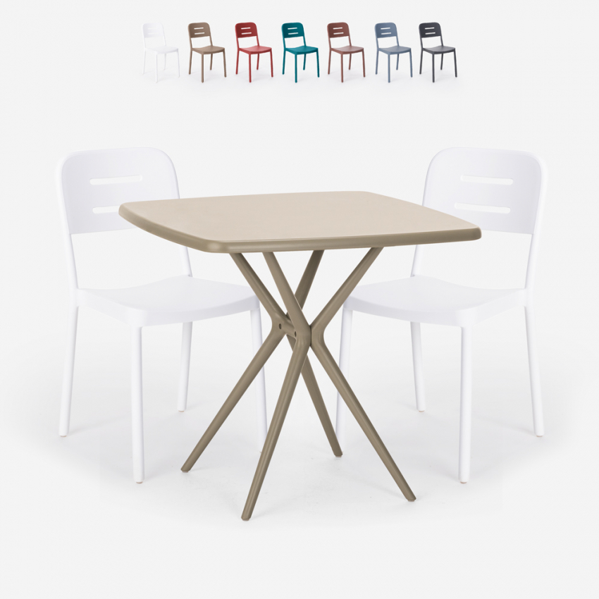 Set kvadratiskt beige bord polypropen 70x70cm 2 stolar design Larum Egenskaper Set kvadratiskt beige bord polypropen 70x70cm 2 stolar design Larum Egenskaper